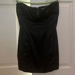 Black satin strapless dress bowlike bodice